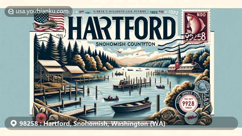 Modern illustration of Hartford, Snohomish County, Washington, featuring Lake Stevens activities like boating and fishing, Cascades in the background, vintage sawmill representing early settlers, and postal theme with ZIP code 98258 and Washington State symbols.