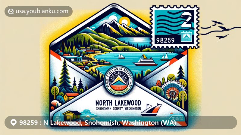 Modern illustration of North Lakewood, Snohomish County, Washington, showcasing postal theme with ZIP code 98259, featuring representations of Lake Goodwin, Tulalip Indian Reservation, and Smokey Point area.