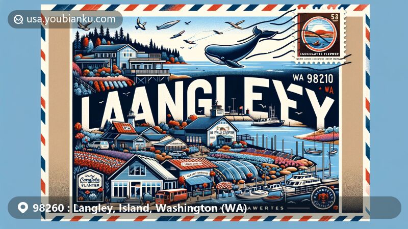Modern illustration of Langley, Washington, 98260, showcasing Whale Center, Chocolate Flower Farm, Taproom at Bayview Corner, and Langley Marina on a postage stamp.
