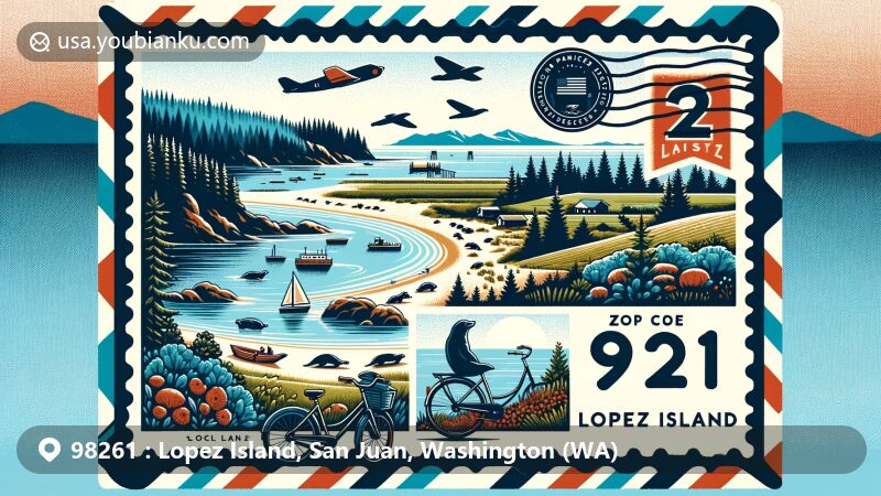 Modern illustration of Lopez Island, San Juan County, Washington, showcasing scenic beauty from Shark Reef Sanctuary with rolling landscapes, forests, farmland, beaches, and seals offshore. Includes Spencer Spit State Park, Odlin County Park, bicycle, and vintage air mail envelope with ZIP code 98261.