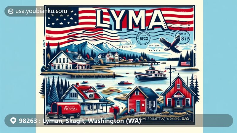 Modern illustration of Lyman, Skagit County, Washington, featuring Skagit River, state flag, and postal elements with vintage postcard design.
