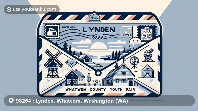 Modern illustration of Lynden, WA, showcasing postal theme with ZIP code 98264, featuring Dutch-style architecture, Nooksack River, and Northwest Washington Fair icons.