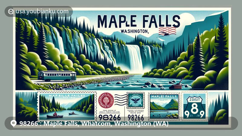 Modern illustration of Maple Falls, Washington State, highlighting natural beauty and postal theme with ZIP code 98266, featuring lush landscapes and Mount Baker Highway.