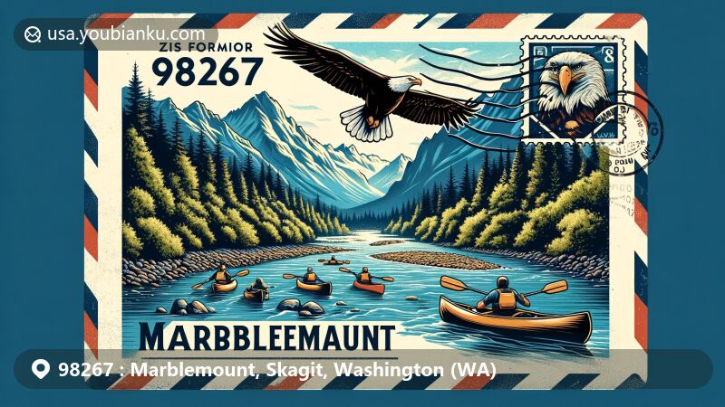 Modern illustration of Marblemount, Skagit County, Washington, showcasing natural beauty and activities in the area, featuring Skagit River, North Cascades National Park, kayakers, bald eagles, and vintage airmail envelope with ZIP Code 98267.