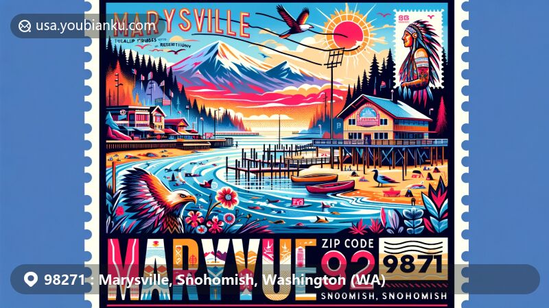 Modern illustration of ZIP code 98271 area in Marysville, Snohomish County, Washington, featuring Tulalip Tribes cultural symbols, natural landscapes, and coastal living with postcard layout and postal theme integration.