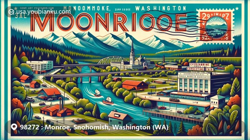 Modern illustration of Monroe, Washington, showcasing the unique beauty of the area with Cascade Mountains, rivers, Great Northern Railway, and Evergreen State Fair in a vibrant postcard design.