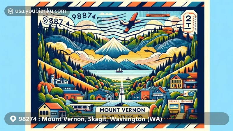 Modern illustration of Mount Vernon, WA area, showcasing postal theme with ZIP code 98274, featuring lush forests, mountains, and the Skagit Valley.