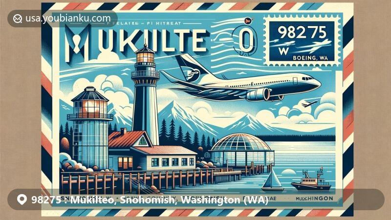 Modern illustration of Mukilteo, Snohomish County, Washington, featuring Mukilteo Lighthouse, Boeing Future of Flight, and Puget Sound within an air mail envelope with vintage postage stamp. Includes ZIP code 98275 and 'Mukilteo, WA'.