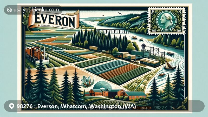 Vintage-style postcard illustration of Everson, Whatcom County, Washington, featuring rich agricultural heritage, lumber industry, fir and cedar trees, crop fields, Nooksack River, Scandinavian and Scottish design elements, air mail envelope, vintage stamp, and postmark with ZIP code 98276.