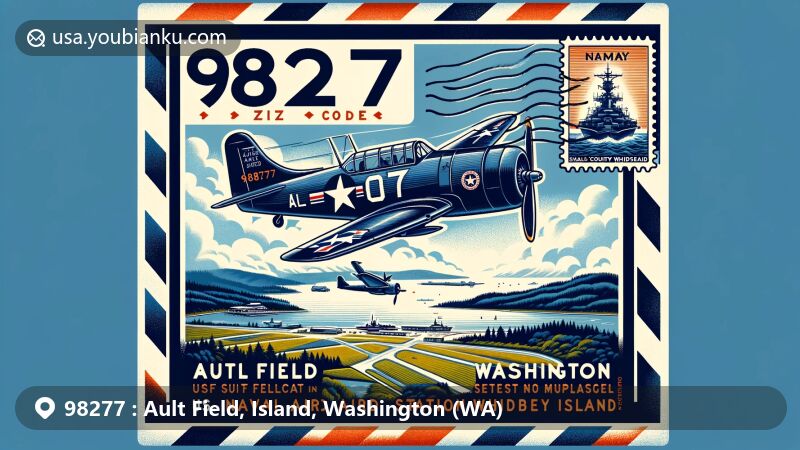 Vibrant illustration of Ault Field, Island County, Washington, showcasing postal theme with ZIP code 98277, featuring Grumman F6F Hellcat and USS Forrestal.