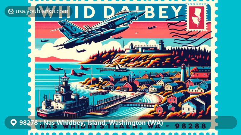 Modern illustration of Nas Whidbey, Island, Washington (WA) area with ZIP code 98278, featuring Naval Air Station Whidbey Island, EA-18G Growler and P-3 Orion aircraft, Fort Casey, Admiralty Head Lighthouse, Coupeville Wharf, and vintage postal elements.