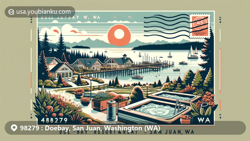Modern illustration of Doe Bay Resort & Retreat in Doebay, San Juan, Washington, highlighting scenic beauty and postal theme with ZIP code 98279, featuring waterfront landscape with organic gardens, soaking tubs, San Juan Islands silhouette, and Washington state flag.