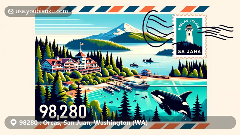 Modern illustration of Orcas, San Juan, Washington, featuring lush forests, lakes, Orcas Hotel, Salish Sea, whale-watching scene with orcas, Orcas Island Artworks, air mail envelope, postal stamp of Mount Constitution observation tower, showcasing ZIP code 98280.