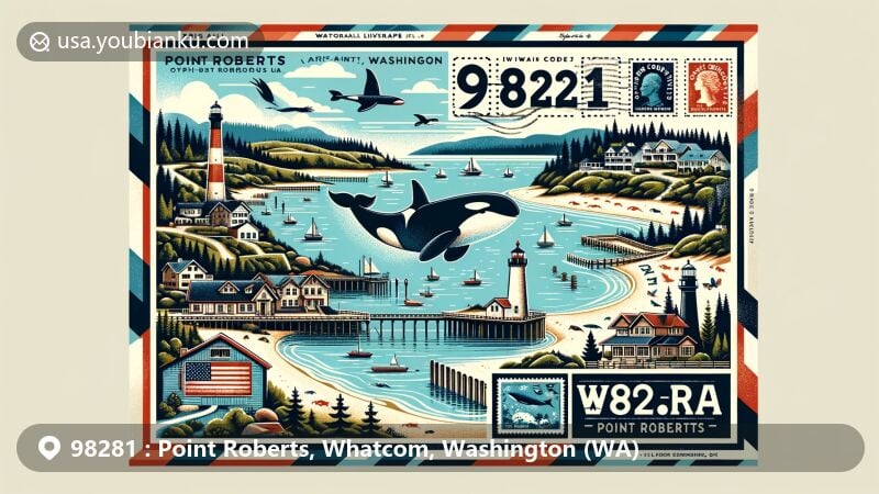 Modern illustration of Point Roberts, Washington, ZIP code 98281, featuring airmail envelope style with Lighthouse Park for whale watching, boundary markers, beaches, orcas, Washington state flag, and Whatcom County outline.