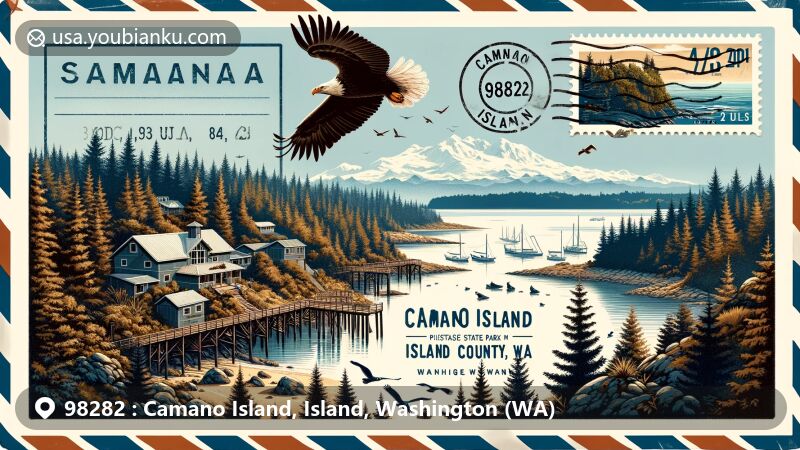 Vintage-style illustration of Camano Island, Island County, Washington, featuring Camano Island State Park's forested trails, rocky shoreline, Puget Sound, Olympic Mountains, and Mount Rainier, with bald eagles and herons in a rich natural habitat.