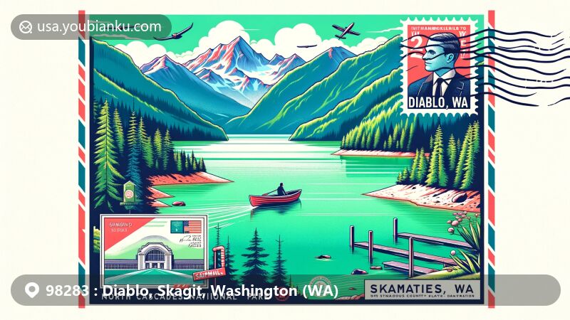 Vibrant illustration of Diablo Lake, North Cascades National Park, in ZIP code 98283, WA, featuring green waters, North Cascade mountains, recreational boat, Diablo Dam, airmail envelope with postage stamp, and Washington state flag.