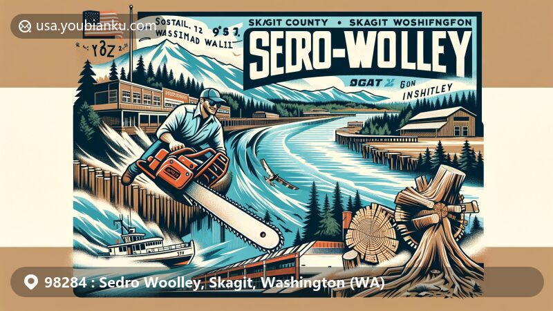 Modern interpretation of Sedro-Woolley, Skagit County, Washington, showcasing Skagit River with Loggerodeo symbols, Sedro-Woolley Museum, and vintage postal elements for ZIP code 98284.