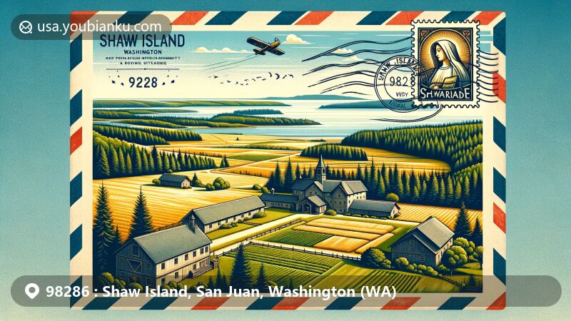 Modern illustration of Shaw Island, San Juan County, Washington, highlighting rural, agricultural community vibe with Our Lady of the Rock Monastery and postal theme.