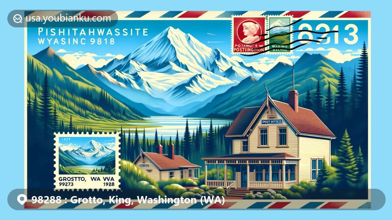 Modern illustration of the Grotto area in King County, Washington, featuring Cascade Mountains, vintage post office, air mail envelope with Mount St. Helens stamp, and 'Grotto, WA 98288' address.