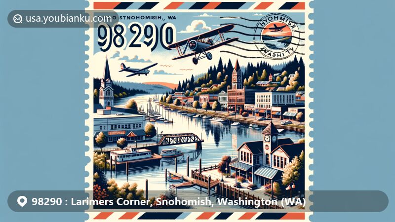 Modern illustration of Snohomish, Washington, showcasing ZIP code 98290, combining scenic beauty of Snohomish River, historic downtown buildings, and local significance of Harvey Field.