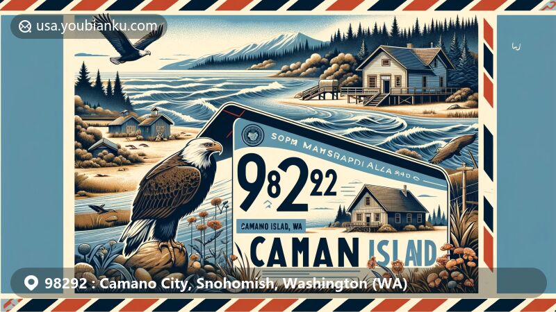 Vibrant illustration of Camano Island, Washington, celebrating ZIP code 98292 with iconic landmarks like Camano City Schoolhouse, Cama Beach State Park cabins, and native wildlife, set on a vintage airmail envelope.