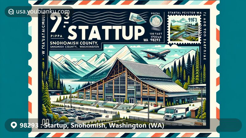 Modern illustration of Startup, Snohomish County, Washington, showcasing postal theme with ZIP code 98293, featuring iconic Startup Activity Center with indoor and outdoor rental spaces, elevated stage, high ceilings, original balcony, surrounded by elements depicting the region's climate and natural beauty like mountains, rivers, lush greenery, reflecting its location in Skykomish Valley along Highway 2, incorporating postal symbols such as stamps, postmark with 'Startup, WA 98293', and an illustration of a mail van or mailbox.