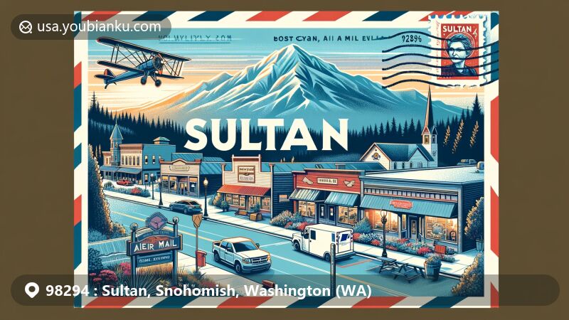 Modern illustration of Sultan, Washington, showcasing the picturesque Cascade Mountains in the background and a creative postcard with local charm. Includes postal elements like a postage stamp, postmark 'Sultan, WA 98294', and hints of the vibrant community.