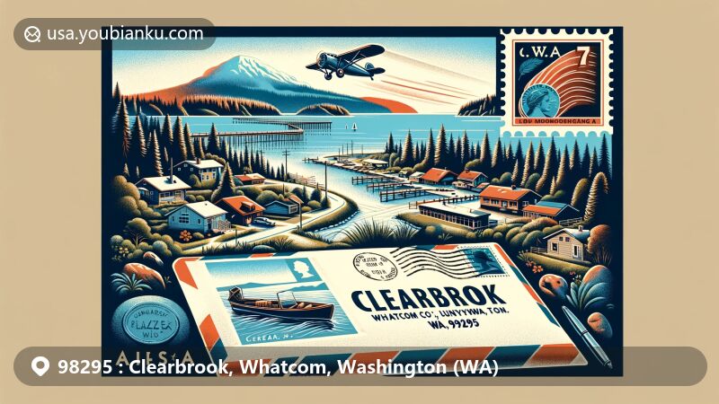 Modern illustration of Clearbrook, Whatcom, Washington (WA) featuring serene Pacific Northwest beauty, local hamlet greenery, Judson Lake, and Laxton Lake. Vintage air mail envelope with Peace Arch stamp symbolizing unity with Canada, open to reveal address to Clearbrook with ZIP code 98295.