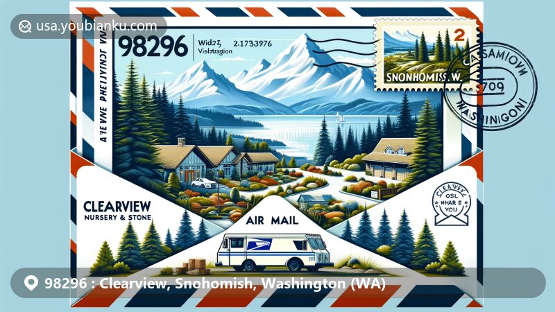 Modern illustration of Clearview, Snohomish, Washington, featuring Cascade Mountains in an air mail envelope, symbolizing the area's natural beauty. Postage stamp highlighting Clearview Nursery & Stone with postal service elements in a lush Washington State setting. Bright, inviting design with ZIP code 98296.