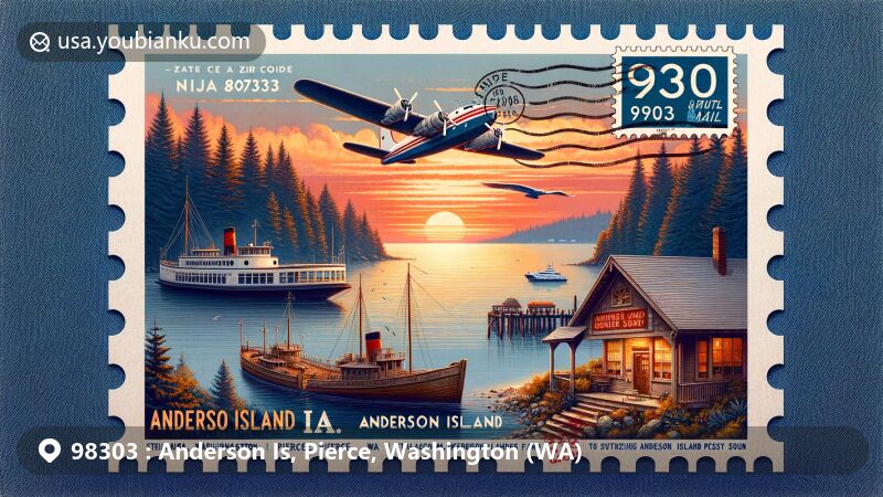 Modern illustration of Anderson Island, Pierce County, Washington, showcasing vintage air mail envelope with ZIP code 98303, featuring iconic landmarks like Anderson Island General Store, Community Church, and historical ferry access.