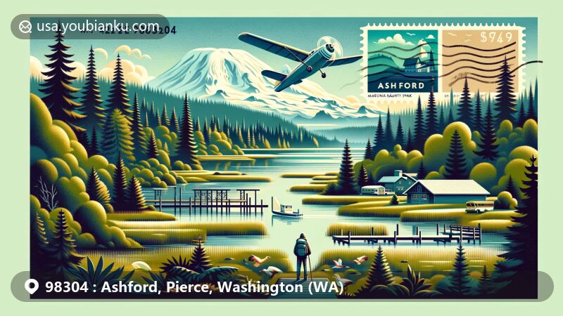 Modern illustration of Ashford, Washington, showcasing natural beauty and Mount Rainier National Park, featuring Ashford County Park and Marine Memorial Airplane Crash Monument.