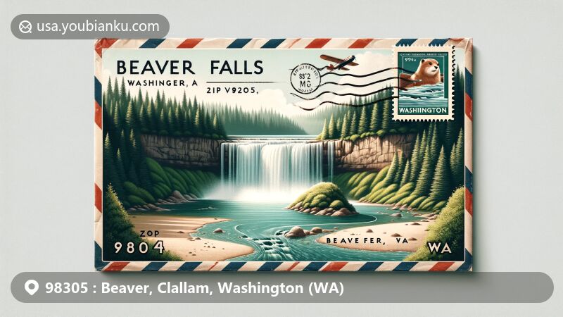 Modern illustration of Beaver, Washington, showcasing Beaver Falls and ZIP code 98305, set against the backdrop of the lush Olympic Peninsula greenery. Features vintage air mail envelope with Washington state flag stamp.
