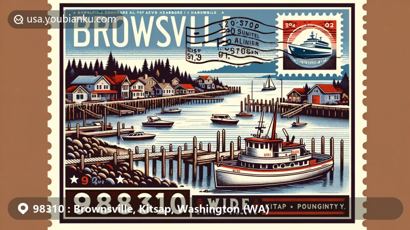 Modern illustration of Brownsville, Kitsap, Washington, showcasing a scenic harbor with moored boats, Kitsap Peninsula silhouette, vintage yacht show, Washington State Ferry stamp, and ZIP code 98310.