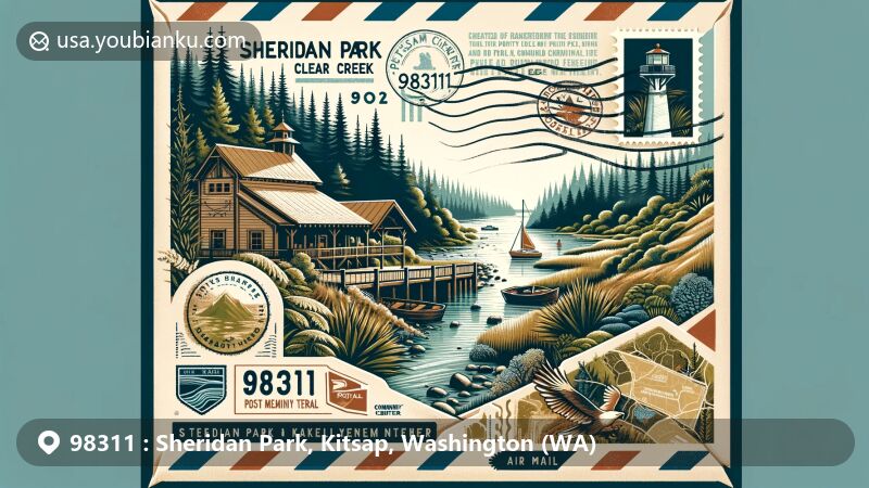 Modern illustration of Sheridan Park, Kitsap County, Washington, showcasing postal theme with ZIP code 98311, featuring Clear Creek Trail, Sheridan Park Community Center, and Point No Point Lighthouse.