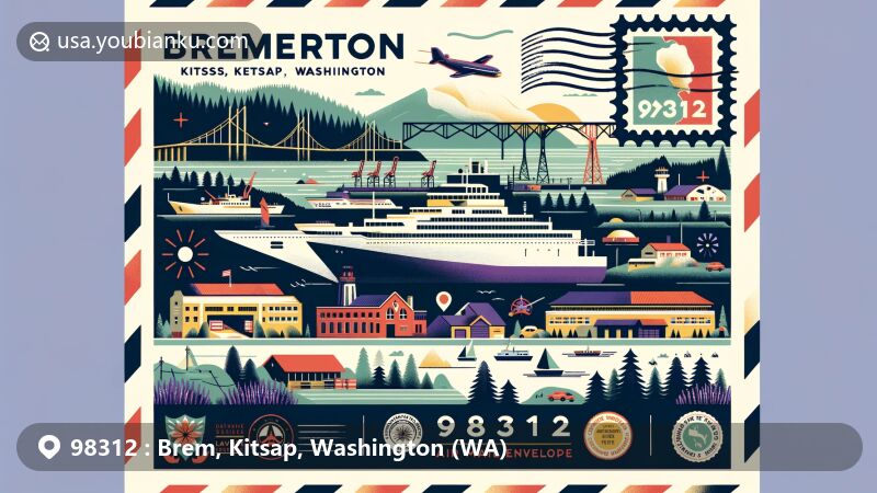 Modern illustration of Bremerton, Kitsap, Washington, featuring iconic landmarks like Puget Sound Naval Shipyard, Manette Bridge, and Green Mountain, blended with local attractions like Kitsap Forest Theater and Purple Scent Lavender Farm.