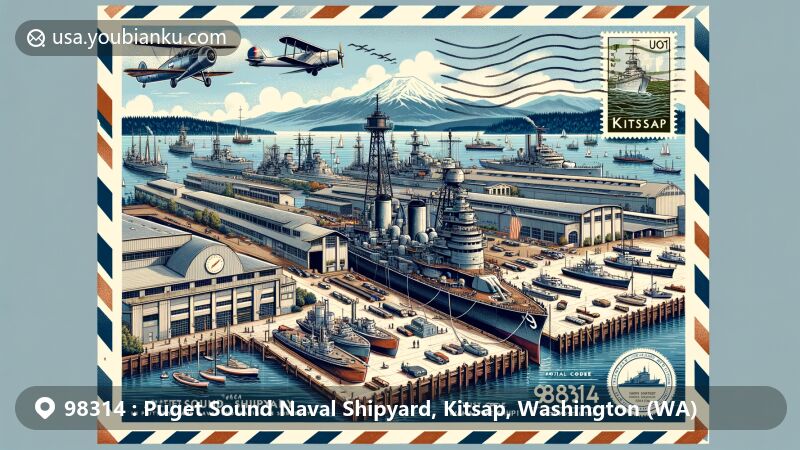 Illustration of Puget Sound Naval Shipyard in Kitsap, Washington, blending historical and contemporary elements, featuring dry docks, historic ships, Memorial Plaza, and postal theme with airmail envelope, vintage naval stamps, and postmark with ZIP code 98314.