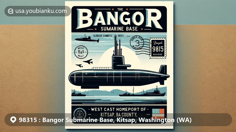 Modern illustration of Bangor Submarine Base, Kitsap County, Washington, highlighting naval heritage with silhouette of Ohio-class submarine and Puget Sound marine environment, incorporating postal theme with ZIP code 98315.