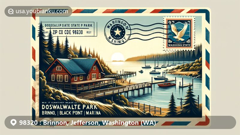 Modern illustration of Brinnon, Washington area, featuring Dosewallips State Park and Black Point Marina, integrated into a postal theme with airmail envelope design and Washington state flag stamp.