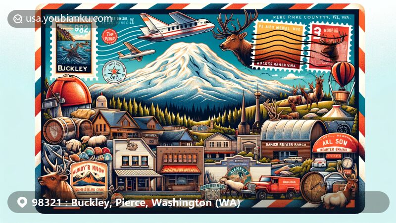 Modern postcard illustration of Buckley, Pierce County, Washington, with Mount Rainier, Log Show, Elk Head Brewing Company, Rainier Reindeer Ranch, vintage air mail envelope, postal stamps, and ZIP code 98321.