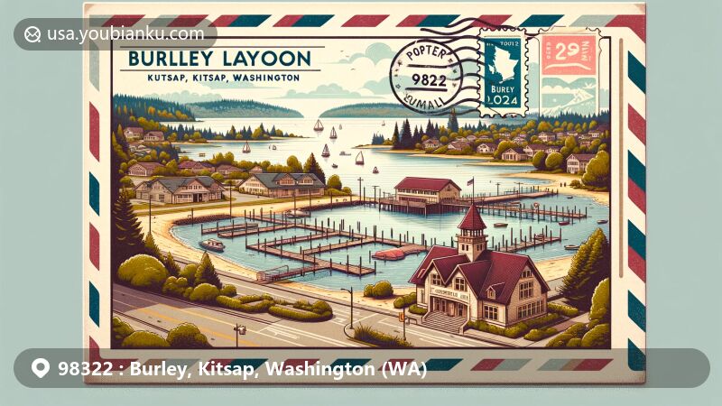 Modern illustration of Burley, Kitsap, Washington, featuring Burley Lagoon, Community Hall, vintage postcard design with ZIP code 98322, and references to the Co-operative Brotherhood utopian colony.