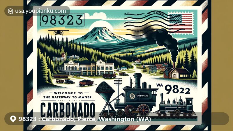 Modern wide-format postcard highlighting the coal mining heritage of Carbonado, Washington, showing a coal cart, Carbonado Historical School, and Mount Rainier in the background.