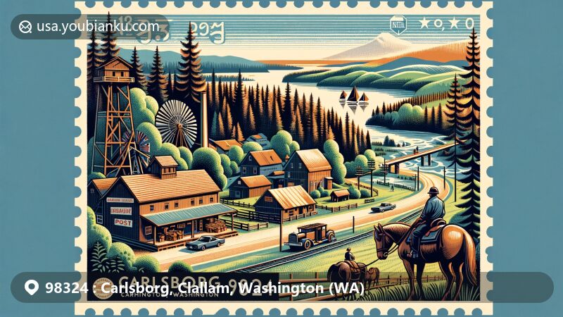 Modern illustration of Carlsborg, Washington, depicting Olympic Peninsula's forests and rugged landscapes, with symbols of timber industry roots, post office, and equestrian activities, set in a warm-summer Mediterranean climate.