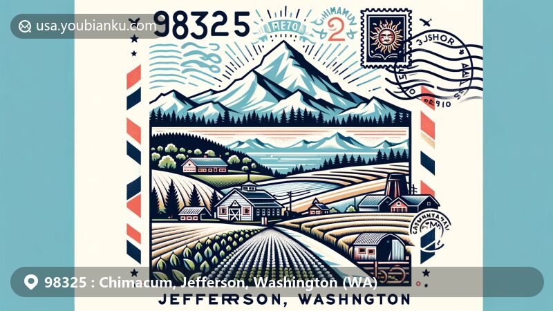 Modern illustration of Chimacum, Jefferson, Washington, capturing the essence of ZIP code 98325 with Olympic Mountains, local agriculture, and Chimakum Native American heritage.