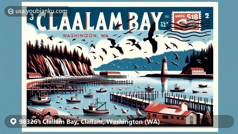 Contemporary illustration of Clallam Bay, Washington, inspired by ZIP code 98326, capturing the stunning landscapes and maritime life of Cape Flattery. Includes lighthouse, inlets, marine birds, salmon cannery, and fishing boats, all in a postcard motif with postal elements.