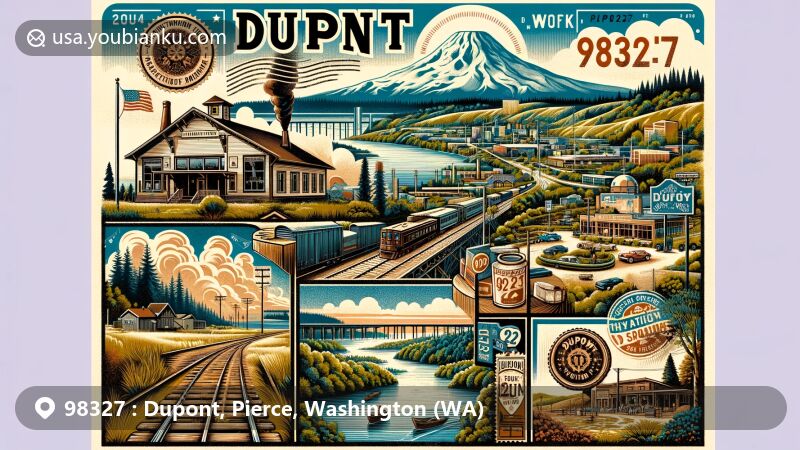 Illustration of Dupont, WA, showcasing Sequalitchew Creek Trail, historic DuPont Village, and elements related to DuPont company and its explosive history, with modern touch highlighting Puget Sound and Mount Rainier.