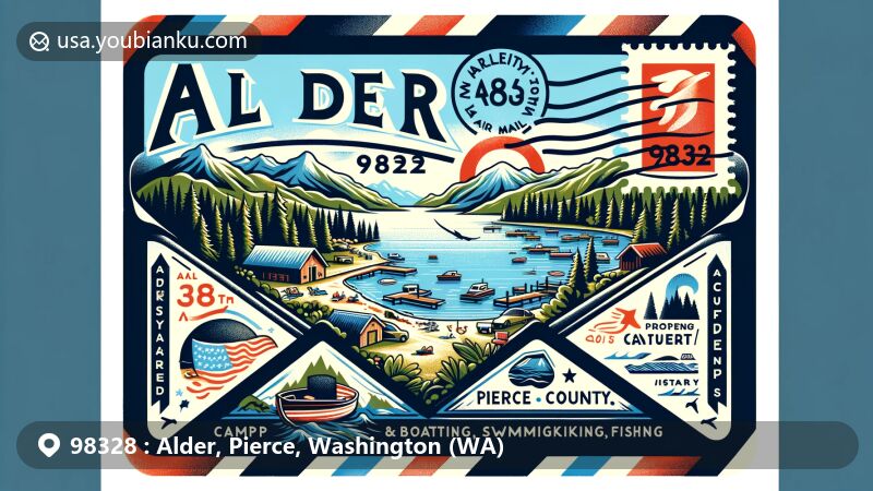 Modern illustration of Alder, Pierce County, Washington, showcasing postal theme with ZIP code 98328, featuring Alder Lake and Washington state symbols.