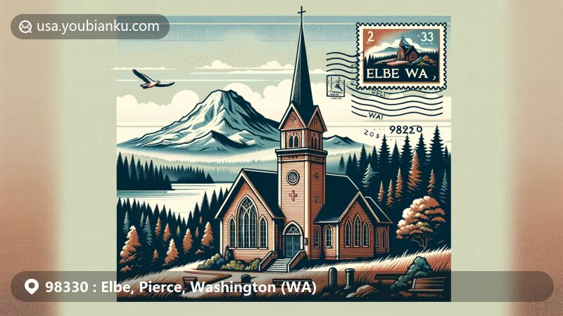 Modern illustration of Elbe Evangelical Lutheran Church in Elbe, Pierce County, Washington, showcasing historic church with tall tower amidst dense forests and Mount Rainier in the background.