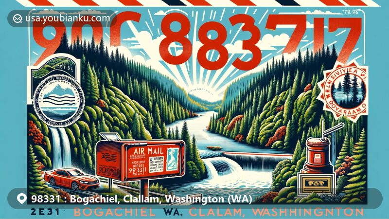 Modern illustration of Bogachiel, Clallam County, Washington, featuring Bogachiel State Park, Sol Duc Falls, Tree Root Cave, and a postal theme with ZIP code 98331.