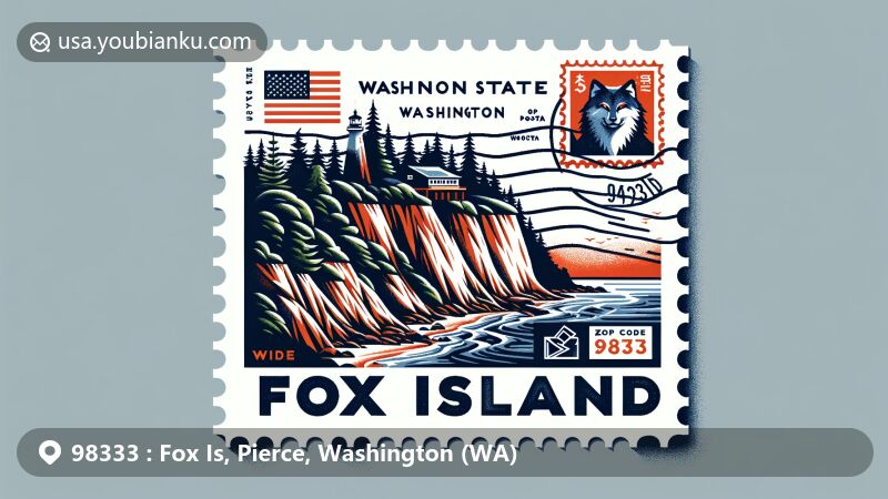Modern illustration of Fox Island, Washington (WA), featuring iconic cliffs and rocky shorelines, with Washington State flag and postal elements like stamp, postmark, ZIP Code 98333, and American mailbox.