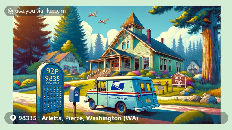 Modern illustration of Arletta Schoolhouse at Hales Pass Park in ZIP code area 98335, Pierce, Washington, featuring a vintage postal van, a mailbox, and the ZIP code '98335'.
